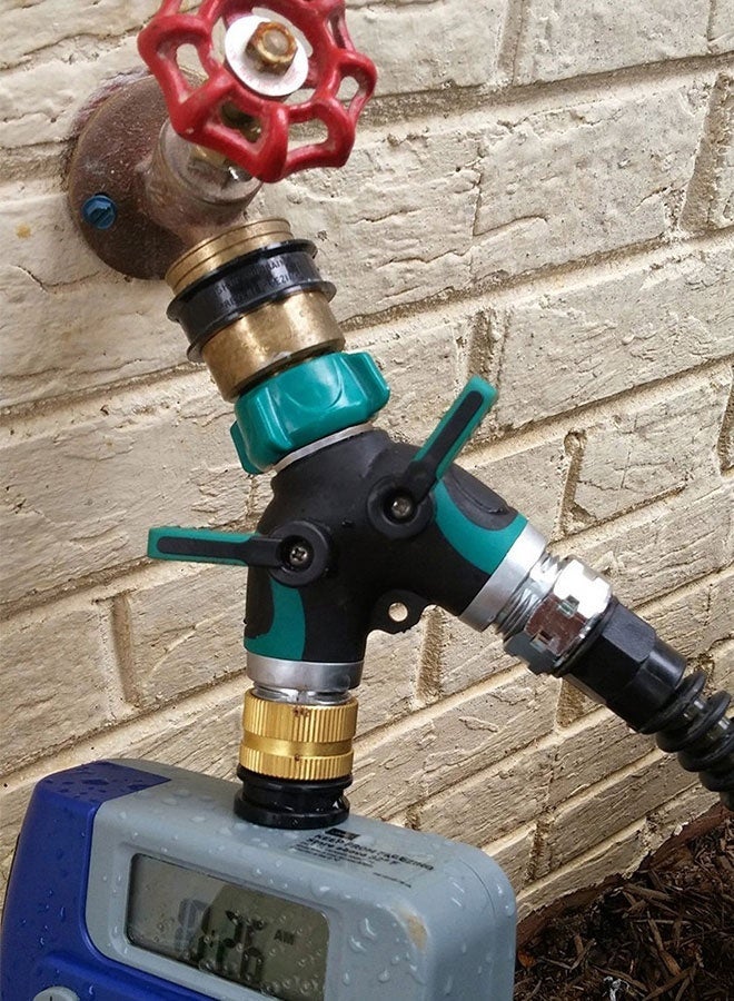 Double Way Hose Splitter Y Connector Black/Blue/Silver 9.5x9.5cm - Image 1